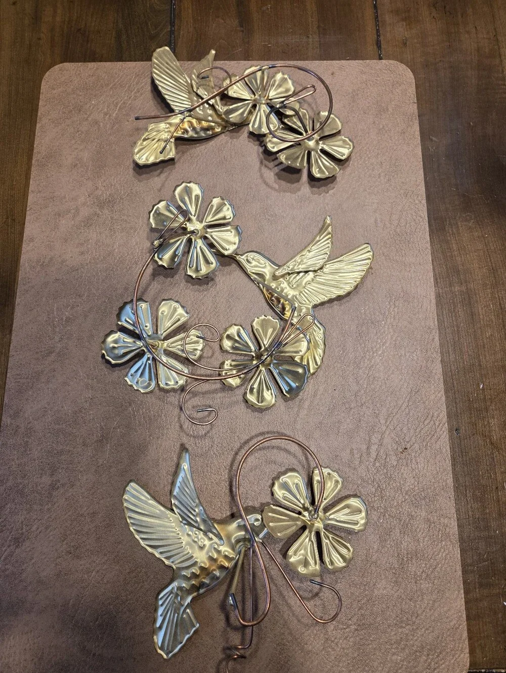 Vintage Mid Century Modern Gold Tone Metal Hummingbird Wall Hangings, Set of 3